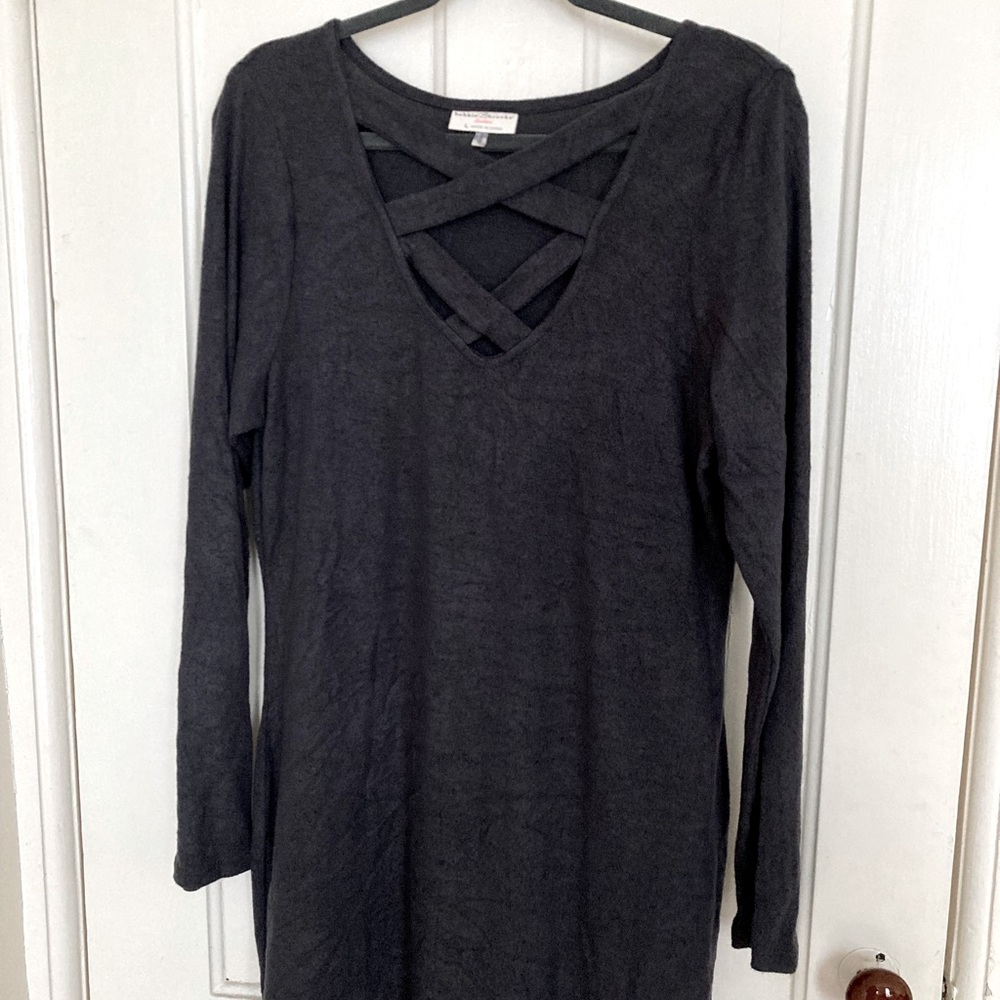 Soft gray dress with cross cross front and long sleeves